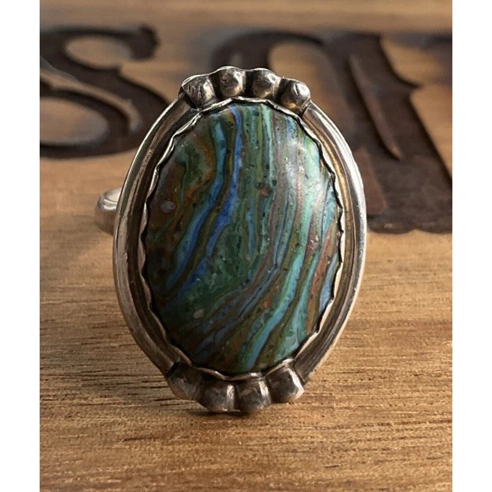 Vintage Sterling Morenci Turquoise Matrix Chrysocolla Ring Size 9.75 Signed B